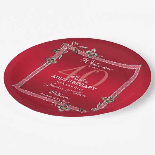 Ruby Red Gems &グリッターRuby 40TH 結婚's ペーパープレート (アングル)