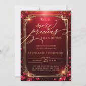 Ruby Red Gold Deco Frame Elegant Mom 80th Birthday 招待状 (正面)