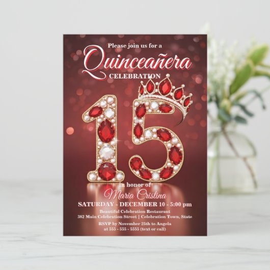 Ruby Red Gold Gemstone Princess Crown Quinceañera 招待状 (スタンド正面)