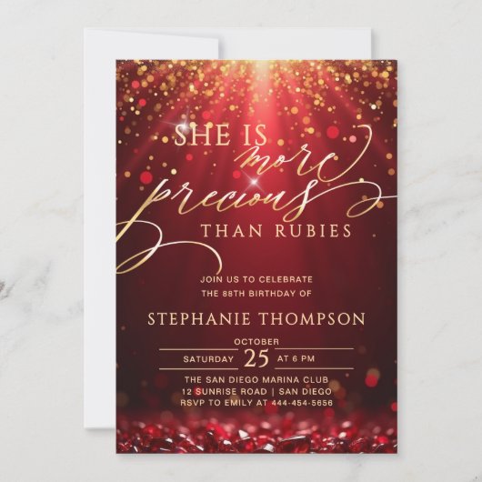 Ruby Red Gold Glitter Calligraphy 80th Birthday 招待状 (正面)