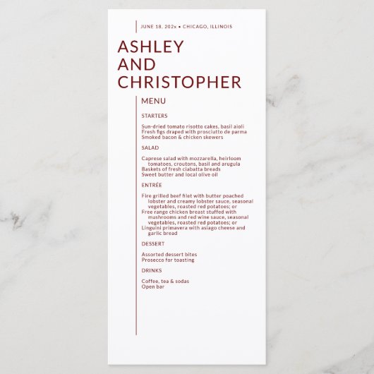 Ruby Red Isolated Namesのミニマル結婚リスト メニュー (正面)