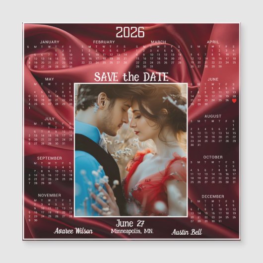 Ruby Red Luxury Satin Save the Date Engaged Couple (正面)