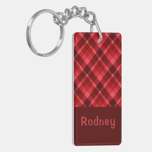 Ruby Red Plaid かわいらし Monogram Rectangle Keychain キーホルダー (正面左)