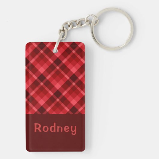 Ruby Red Plaid かわいらし Monogram Rectangle Keychain キーホルダー (裏面)