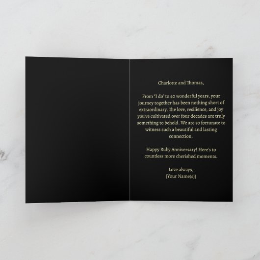 Ruby Red Roses Golden 40th Wedding Anniversary カード (内部)