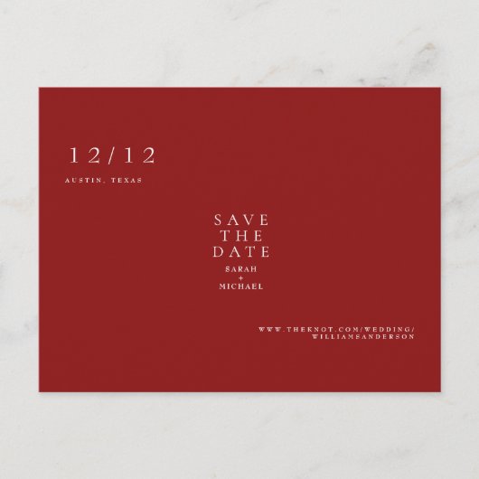 Ruby Red Simple Text Only Wedding Save the Date ポストカード (正面)