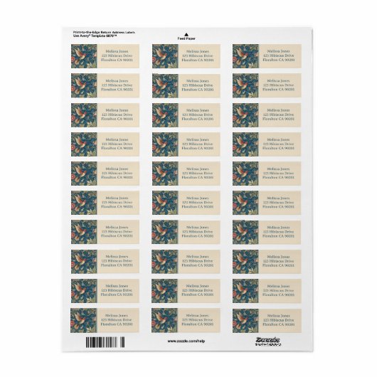 Ruby-throated hummingbird William Morris style ラベル (フルシート)