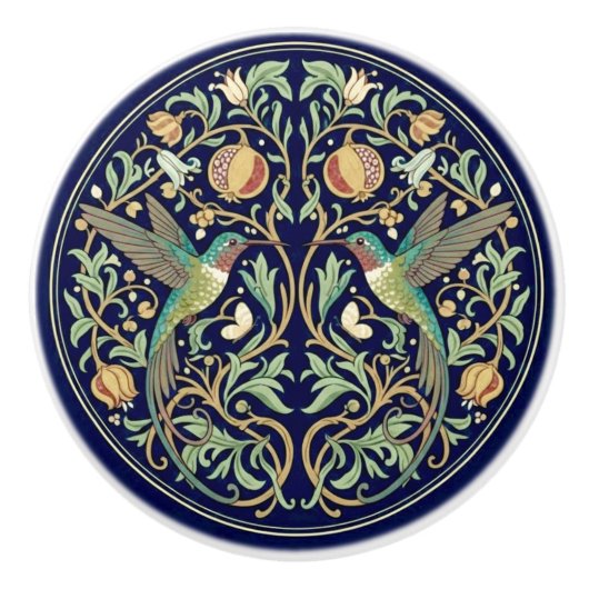 Ruby Throated Hummingbirds William Morris Style セラミックノブ (正面)