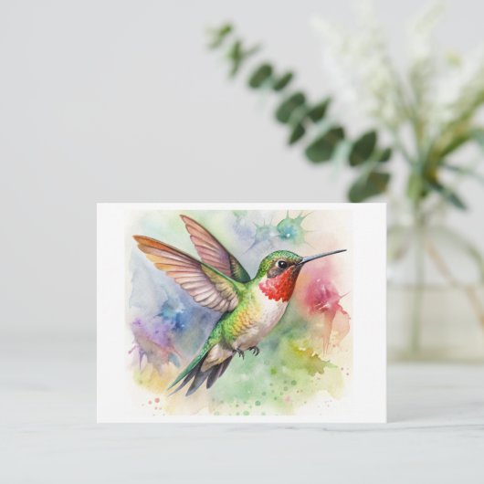 Ruby-throued Hummingbird at rest水彩色 ポストカード (スタンド正面)