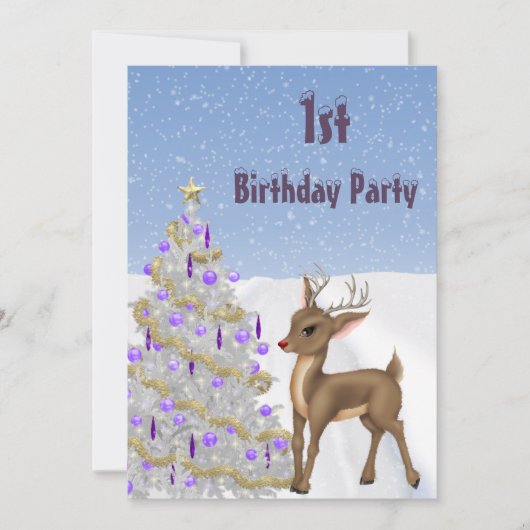 Rudolph, Snowflaks & Christmas Tree 1st誕生日 招待状 (正面)