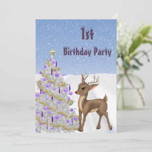 Rudolph, Snowflaks & Christmas Tree 1st誕生日 招待状 (スタンド正面)