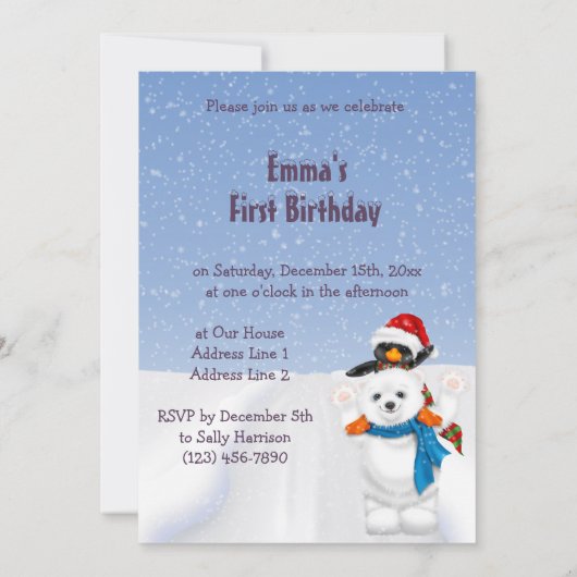 Rudolph, Snowflaks & Christmas Tree 1st誕生日 招待状 (裏面)