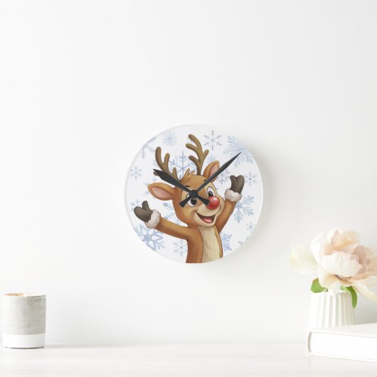Rudolph with Blue Snowflakes  ラウンド壁時計 (ホーム)