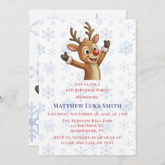 Rudolph with Blue Snowflakes Birthday Bash 招待状 (正面/裏面)