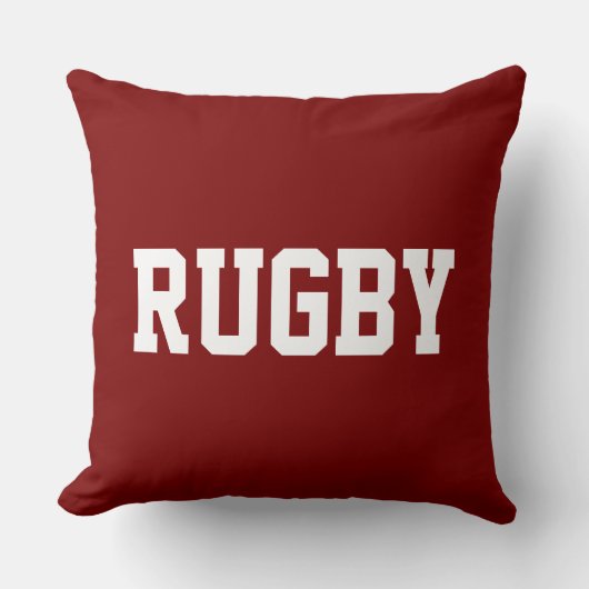 RUGBY Fun 70s Athletic White Text On Bold Deep Red クッション (正面)