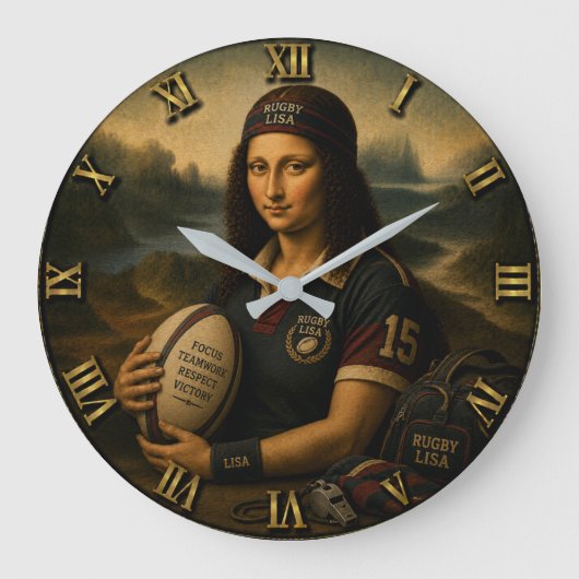 Rugby Funny Mona Lisa Sports Gift ラージ壁時計 (正面)
