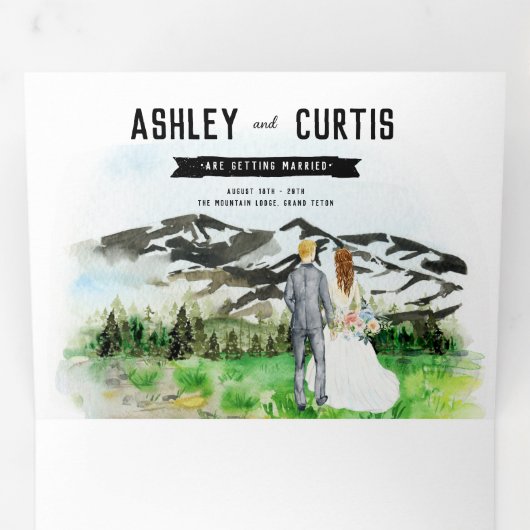 ruggedな雪に覆われた山 | イラストのウェディング 三つ折り招待状 (内部最初)