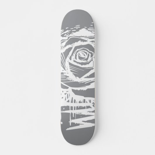 Rugged Rose Graffiti Art – White Drip Rose on Grey スケートボード (正面)