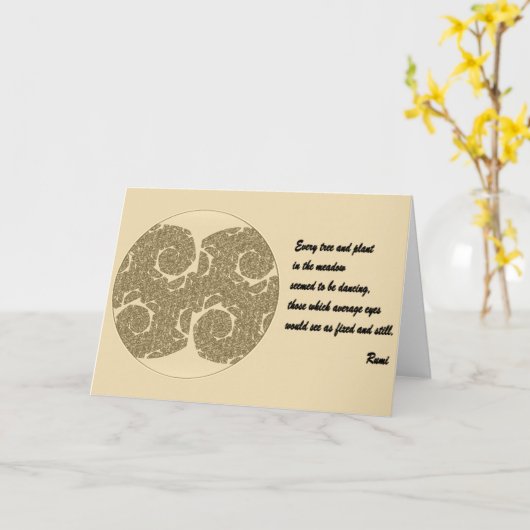 Rumiの引用文の挨拶状。 木の曼荼羅のデザイン カード (黄色い花)