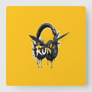 RUN Headphones Street Art Sticker スクエア壁時計