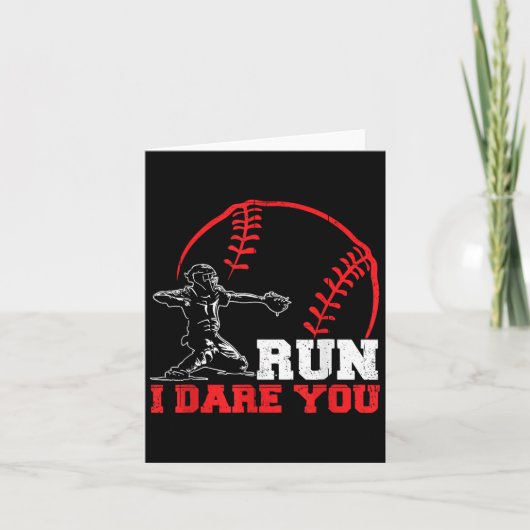 Run I Dare You Funny Baseball Catcher Baseball Pla カード (正面)