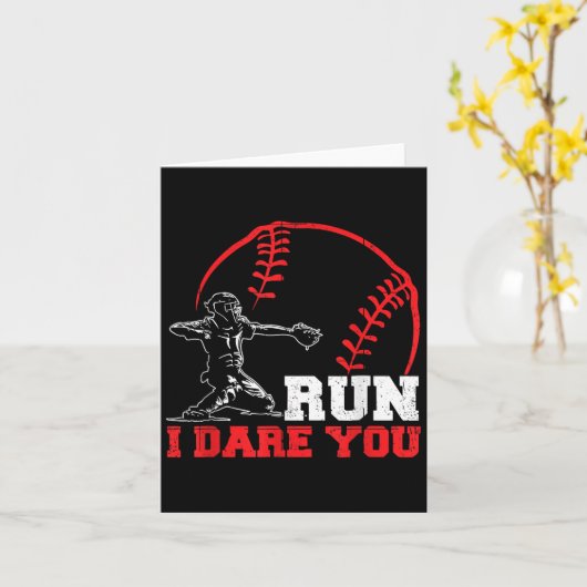 Run I Dare You Funny Baseball Catcher Baseball Pla カード (黄色い花)