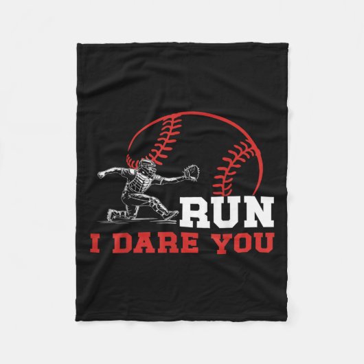 Run I Dare You Funny Baseball Catcher Baseball Pla フリースブランケット (正面)
