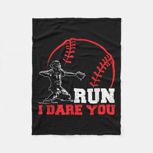 Run I Dare You Funny Baseball Catcher Baseball Pla フリースブランケット (正面)