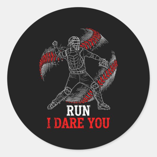 Run I Dare You Funny Baseball Catcher Graphic Play ラウンドシール (正面)