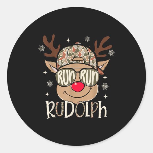 Run Rudolph Santa's Reindeer Christmas Camo Boys T ラウンドシール (正面)