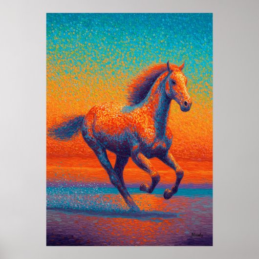 Running Horse Pointillism Beach Sunset ポスター (正面)