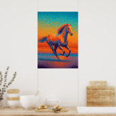 Running Horse Pointillism Beach Sunset ポスター (キッチン)