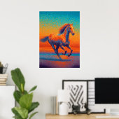 Running Horse Pointillism Beach Sunset ポスター (ホームオフィス)