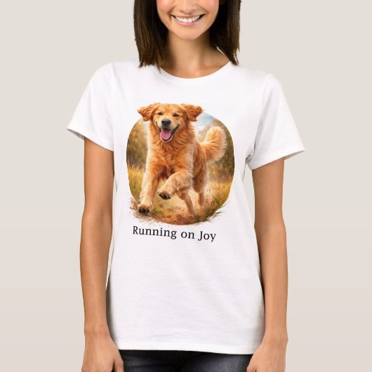 Running on Joy Golden Retriever Tシャツ (正面)