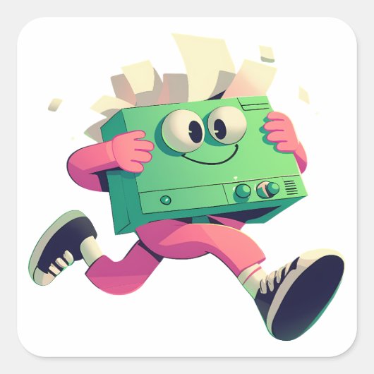 Running Printer with Flying Papers – Tech Humor スクエアシール (正面)