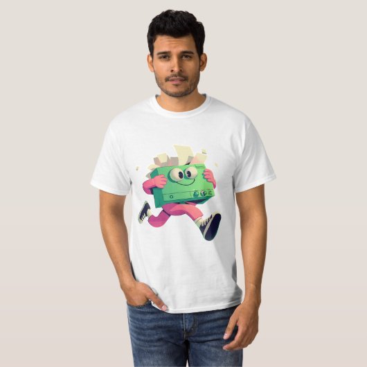 Running Printer with Flying Papers – Tech Humor Tシャツ (正面フル)