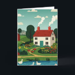 Rural town シーズンカード<br><div class="desc">The image depicts: A country house with a red roof and smoking chimneys, surrounded by a blooming garden. A colorful garden with a variety of flowers and plants, winding paths and shrubs. A small pond or lake with swimming ducks, and a setting of green trees and shrubs. Greenhouses are visible...</div>