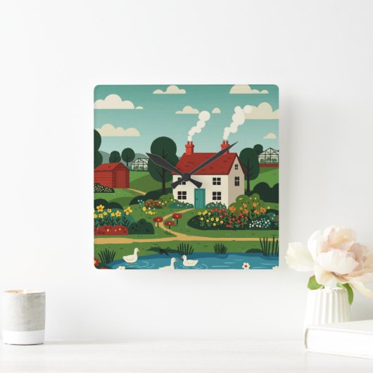 Rural town スクエア壁時計 (ホーム)