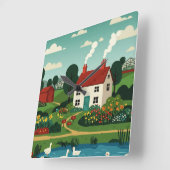 Rural town スクエア壁時計 (傾斜)