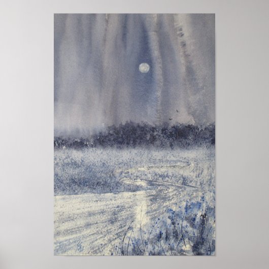 Rushing Creek Under Moon Watercolor Print ポスター (正面)