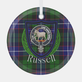 Russell Scottish Clan Tartan & Crest ガラスオーナメント