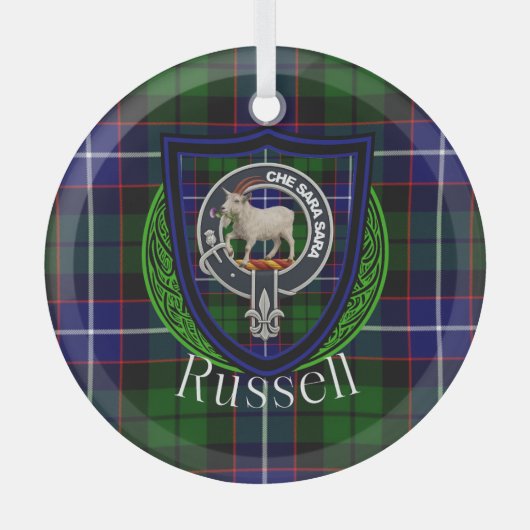 Russell Scottish Clan Tartan & Crest ガラスオーナメント (正面)