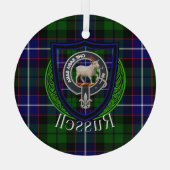 Russell Scottish Clan Tartan & Crest ガラスオーナメント (裏面)