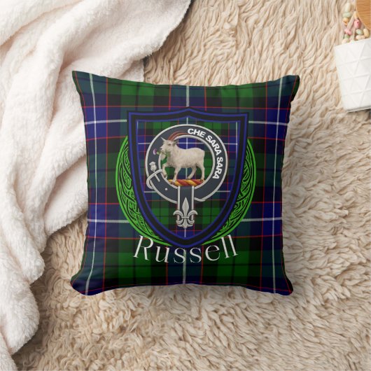 Russell Scottish Clan Tartan & Crest クッション (ブランケット)
