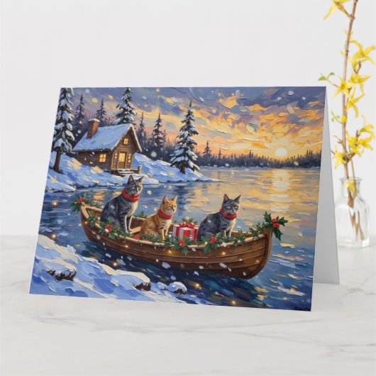 Russian Blue Cat Christmas Boat Holiday カード (黄色い花)