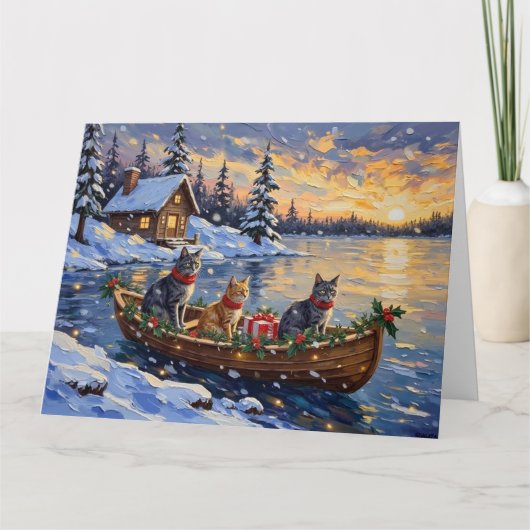 Russian Blue Cat Christmas Boat Holiday カード (正面)
