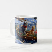 Russian Blue Cat Christmas Boat Holiday コーヒーマグカップ (正面左)