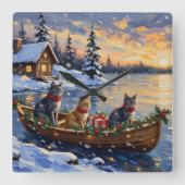 Russian Blue Cat Christmas Boat Holiday スクエア壁時計 (正面)