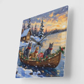 Russian Blue Cat Christmas Boat Holiday スクエア壁時計 (傾斜)