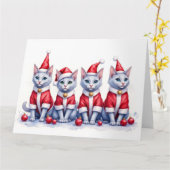 Russian Blue Cat Christmas Dress Santa Hat カード (黄色い花)